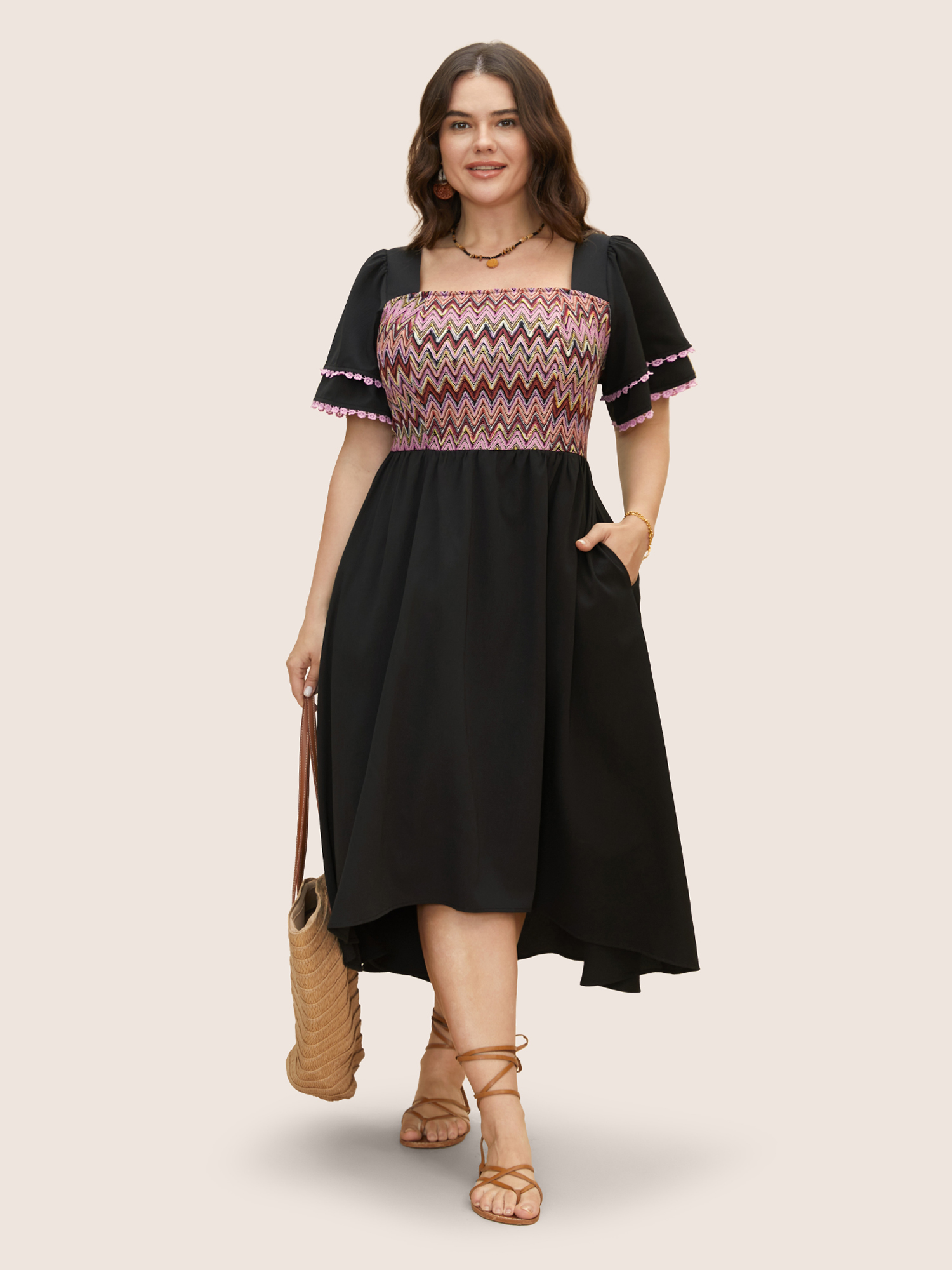 

Plus Size Square Neck Textured Tiered Ruffle Sleeve Dress Black Women Woven ribbon&lace trim Square Neck Short sleeve Curvy BloomChic