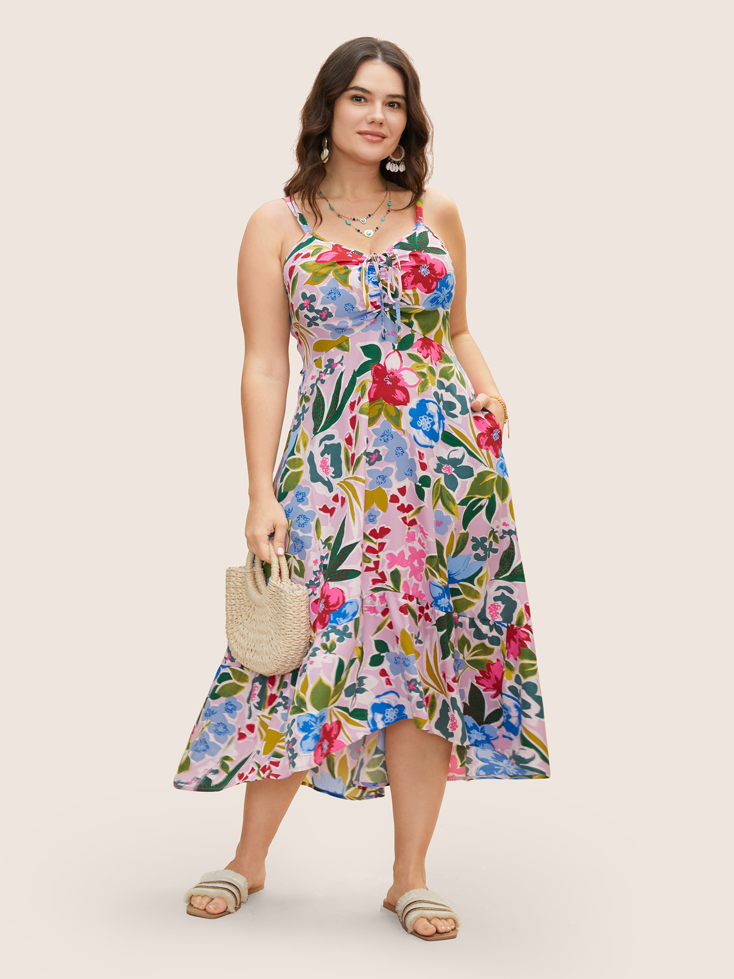 

Plus Size Floral Drawstring High Low Hem Cami Dress Multicolor Women Drawstring V-neck Sleeveless Curvy BloomChic