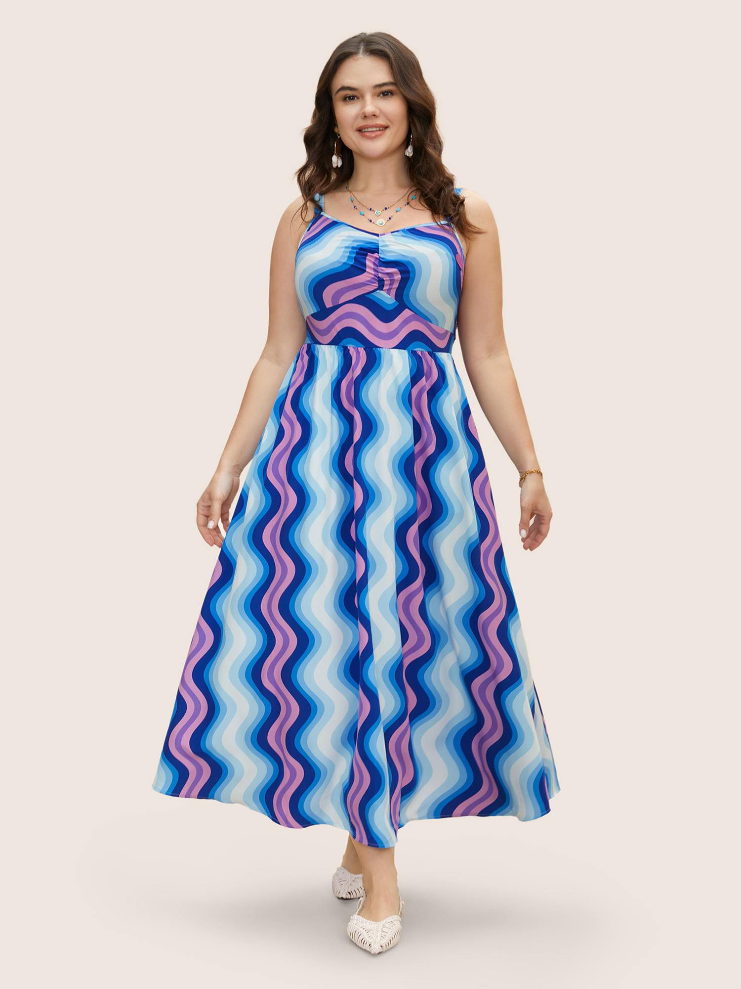

Plus Size Wavy Striped Print Ruched Shirred Dress LightBlue Women Gathered V-neck Sleeveless Curvy BloomChic