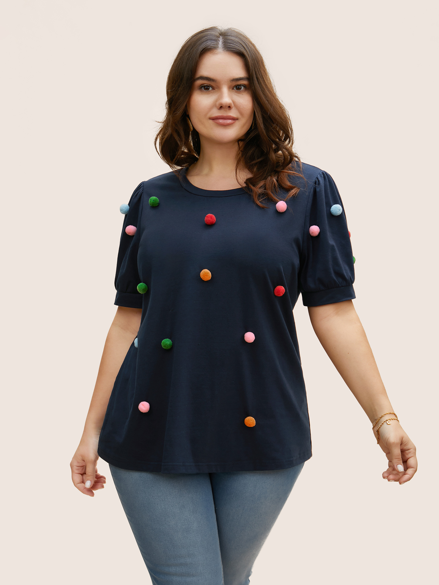 

Plus Size Crew Neck Colored Fluffy Ball T-shirt Midnight Women Resort Contrast Round Neck Vacation T-shirts BloomChic