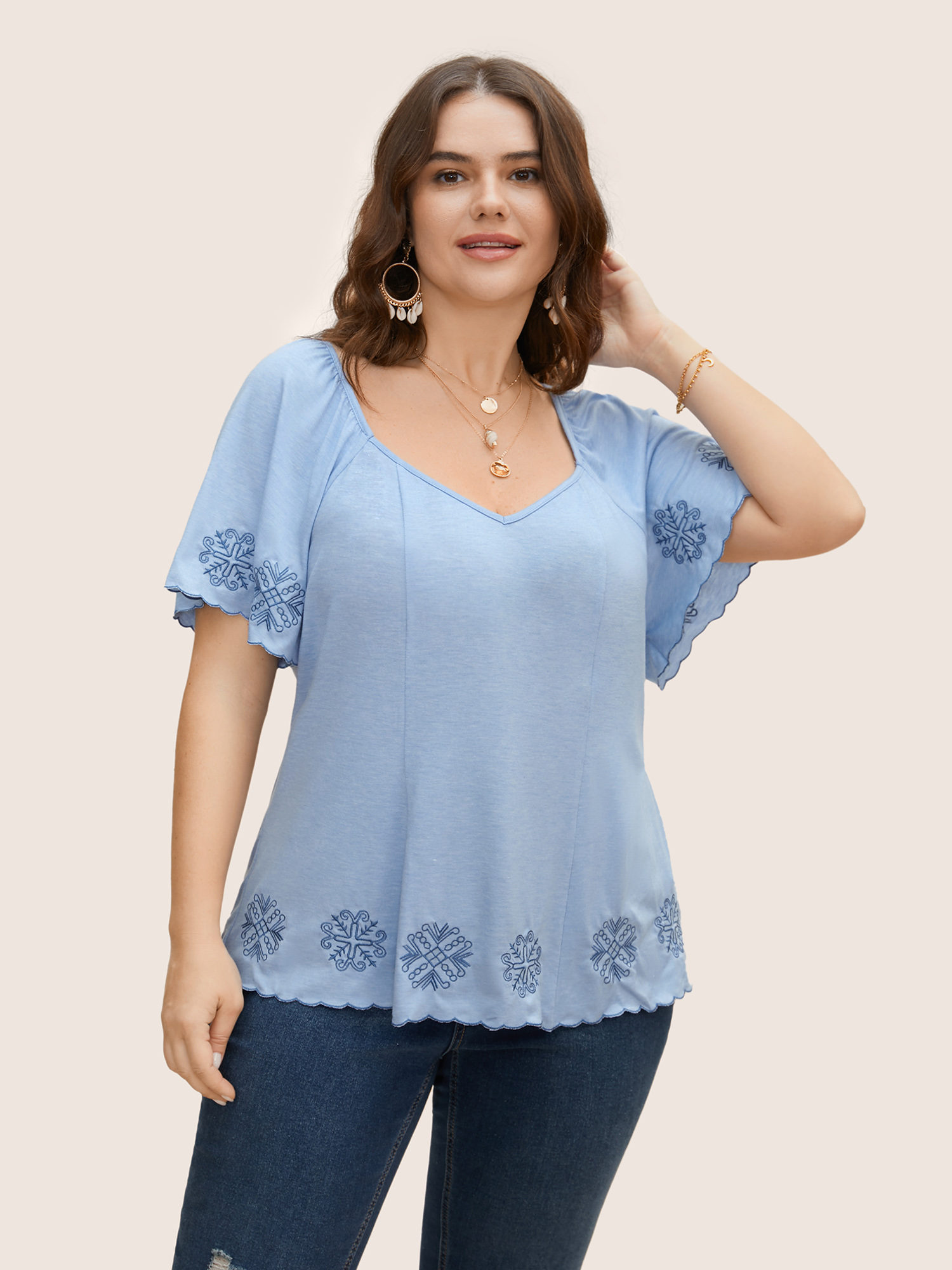 

Plus Size Bandana Floral Embroidered Ruffle Sleeve T-shirt LightBlue Women Resort Embroidered Heart neckline Vacation T-shirts BloomChic