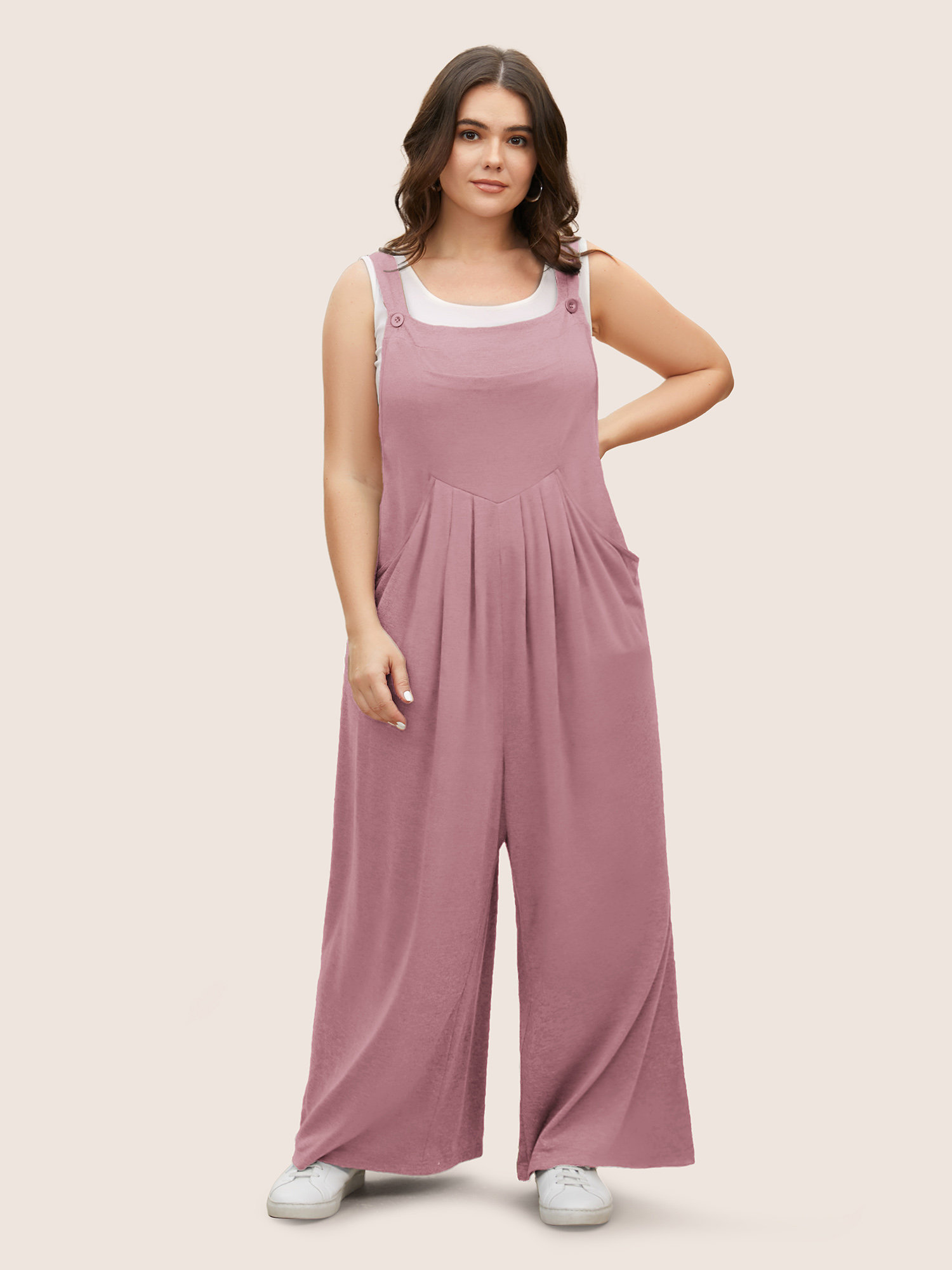 

Plus Size DustyPink Supersoft Essentials Solid Pleated Pocket Jumpsuit Women Casual Sleeveless Non Everyday Loose Jumpsuits BloomChic
