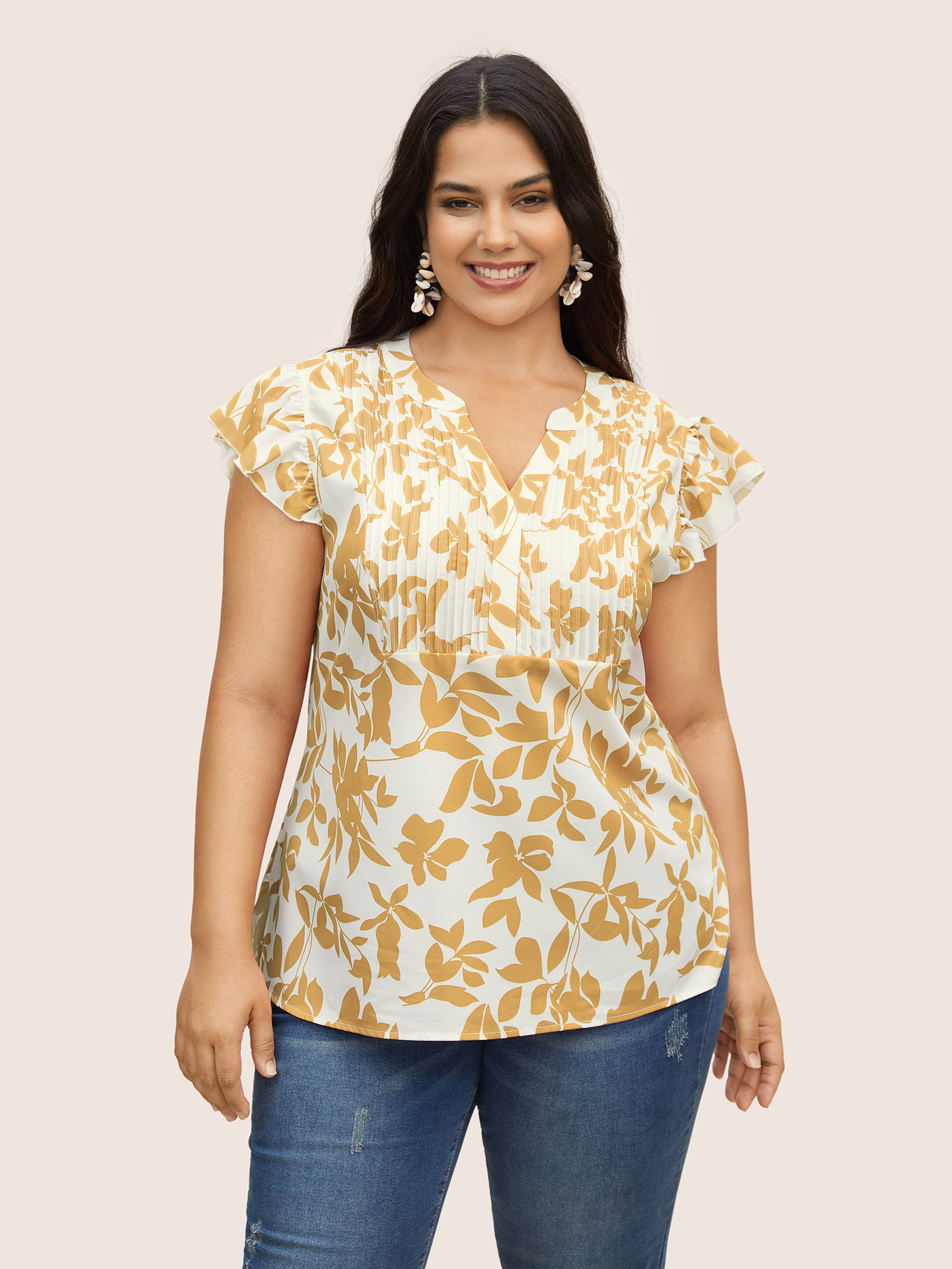 

Plus Size Tan Silhouette Floral Print Notched Collar Pleated Blouse Women Resort Cap Sleeve Notched collar Vacation Blouses BloomChic