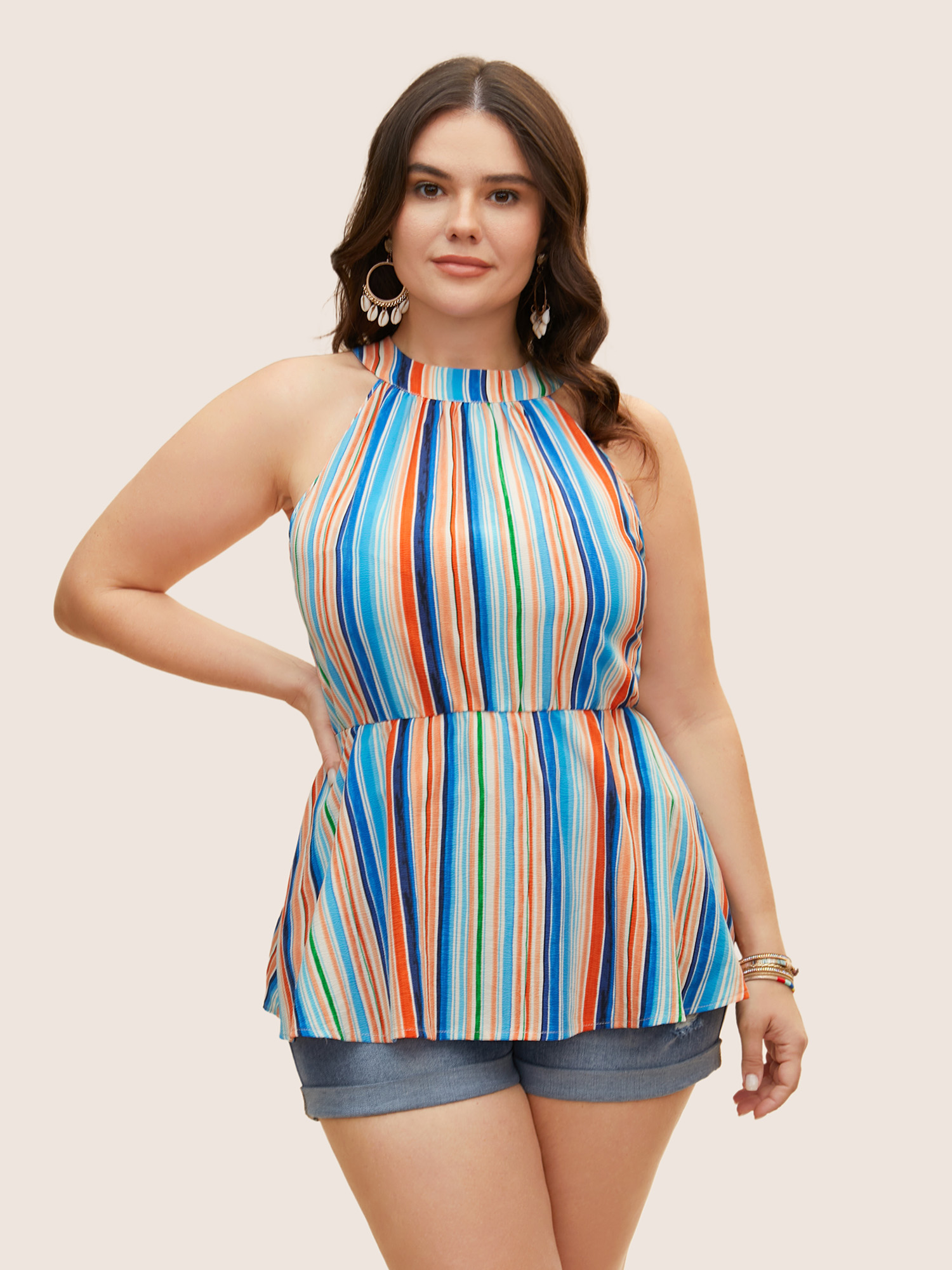 

Plus Size Colored Striped Elastic Waist Tank Top Women Multicolor Resort Contrast Round Neck Vacation Tank Tops Camis BloomChic