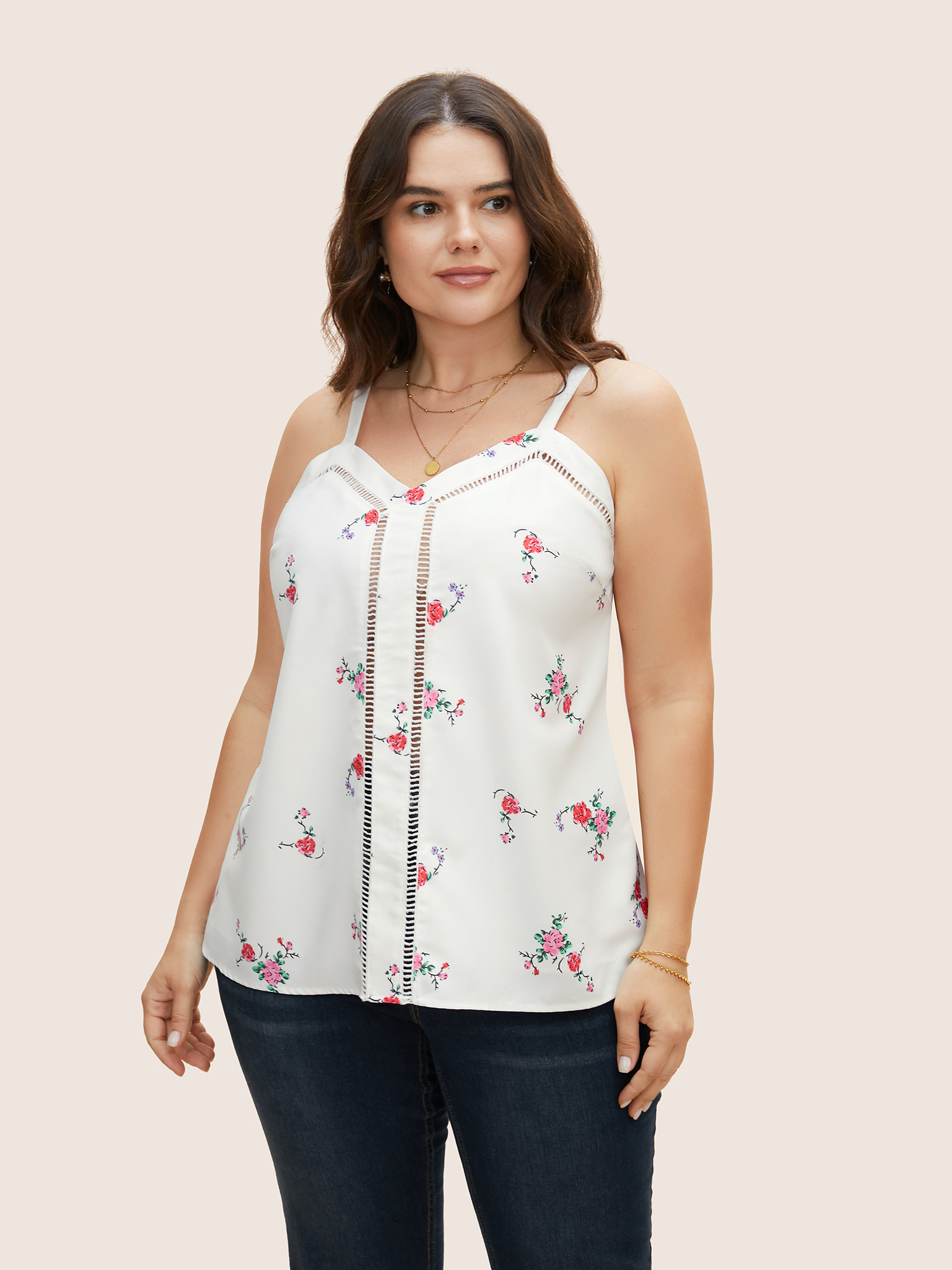 

Plus Size Floral Print Patchwork Cut Out Cami Top Women Originalwhite Elegant Contrast Non Everyday Tank Tops Camis BloomChic