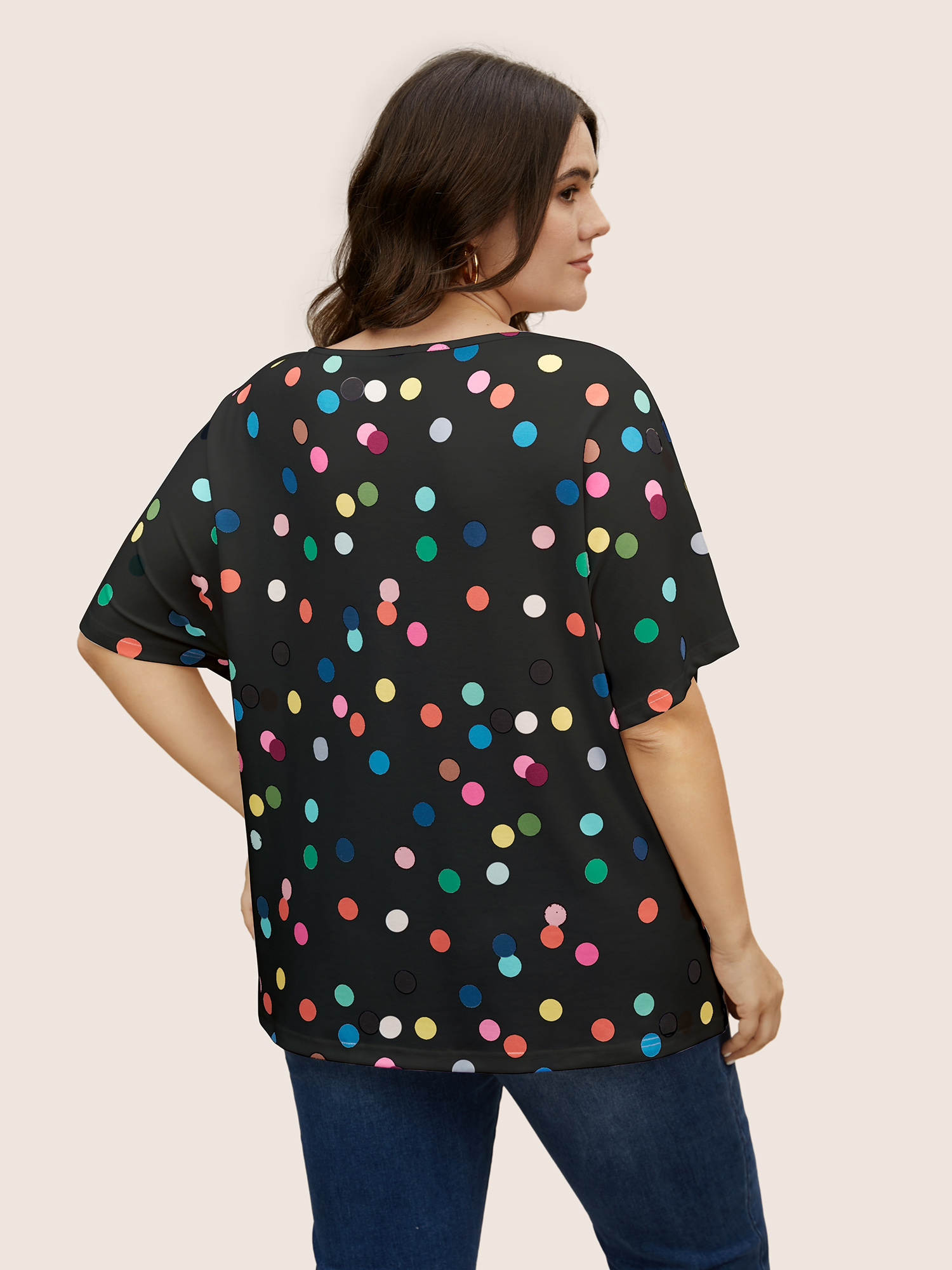 

Plus Size Contrast Polka Dot Keyhole Dolman Sleeve T-shirt Black Women Casual Contrast Art&design V-neck Everyday T-shirts BloomChic