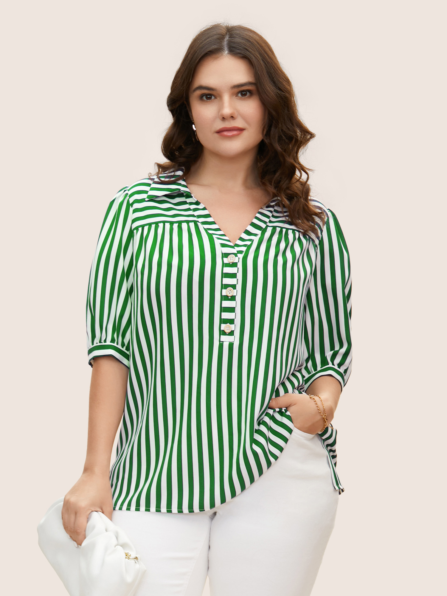 

Plus Size Truegreen Striped Notched Collar Lantern Sleeve Blouse Women Workwear Essentials Short sleeve Notched collar Work Blouses BloomChic