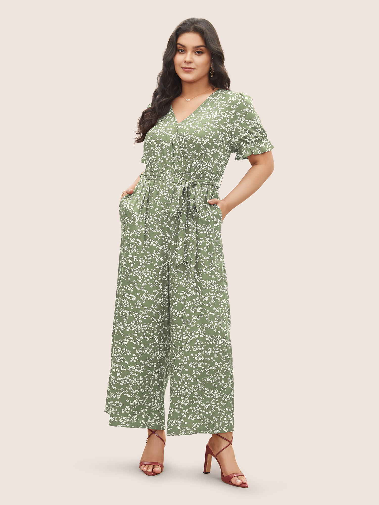 

Plus Size Palemauve Ditsy Floral Wrap Belted Gathered Jumpsuit Women Elegant Short sleeve Overlap Collar Everyday Loose Jumpsuits BloomChic