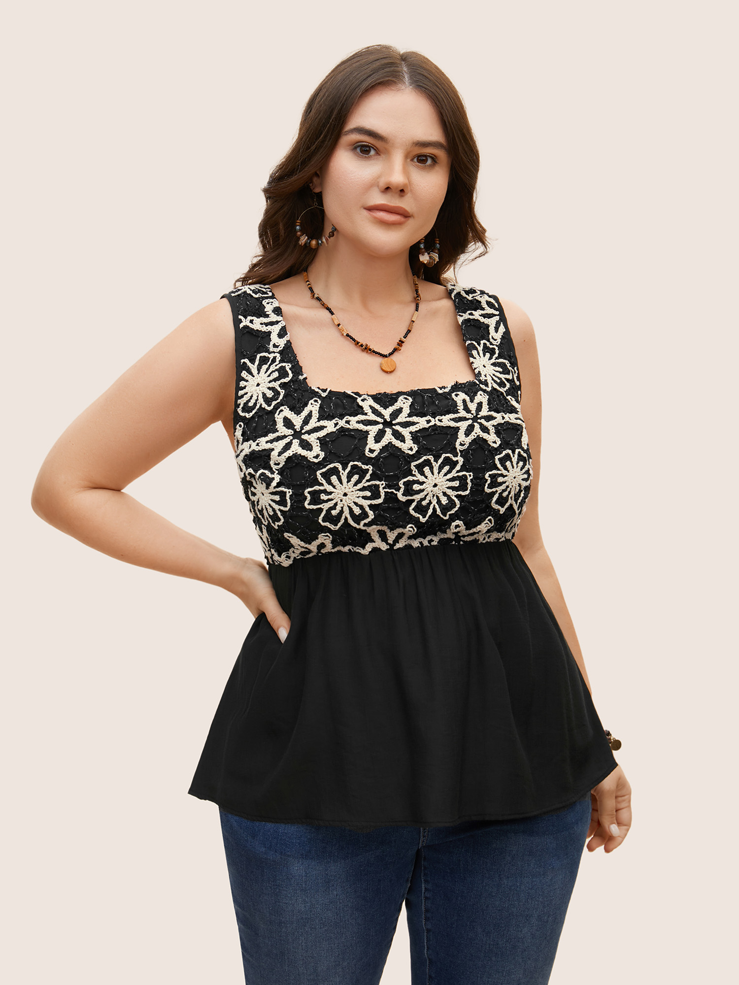 

Plus Size Square Neck Crochet Floral Patchwork Tank Top Women Black Resort Contrast Square Neck Vacation Tank Tops Camis BloomChic