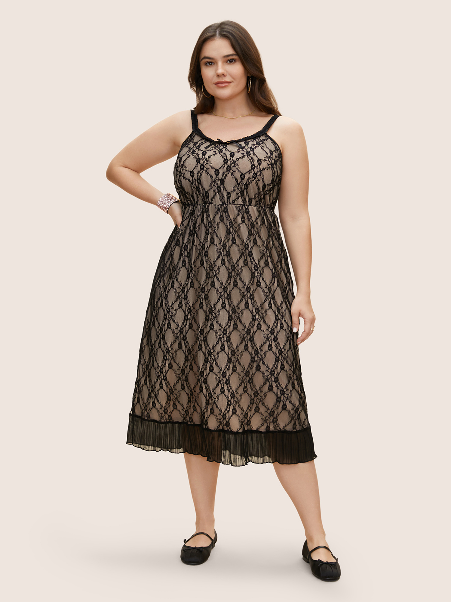 

Plus Size Crochet Lace Mesh Bowknot Midi Dress Black Women Woven ribbon&lace trim Non Sleeveless Curvy BloomChic