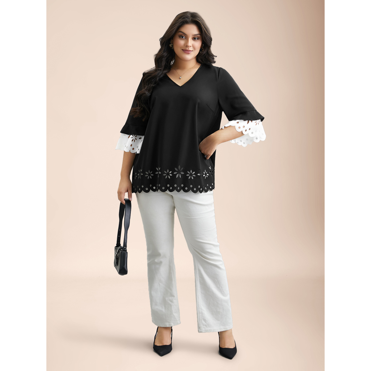 Plus Size Black Laser Cut Color Contrast V-Neck Blouse Women At the Office Elbow-length sleeve V-neck Work Blouses BloomChic
Plus Size Black Laser Cut Color Contrast V-Neck Blouse Women At the Office Elbow-length sleeve V-neck Work Blouses BloomChic