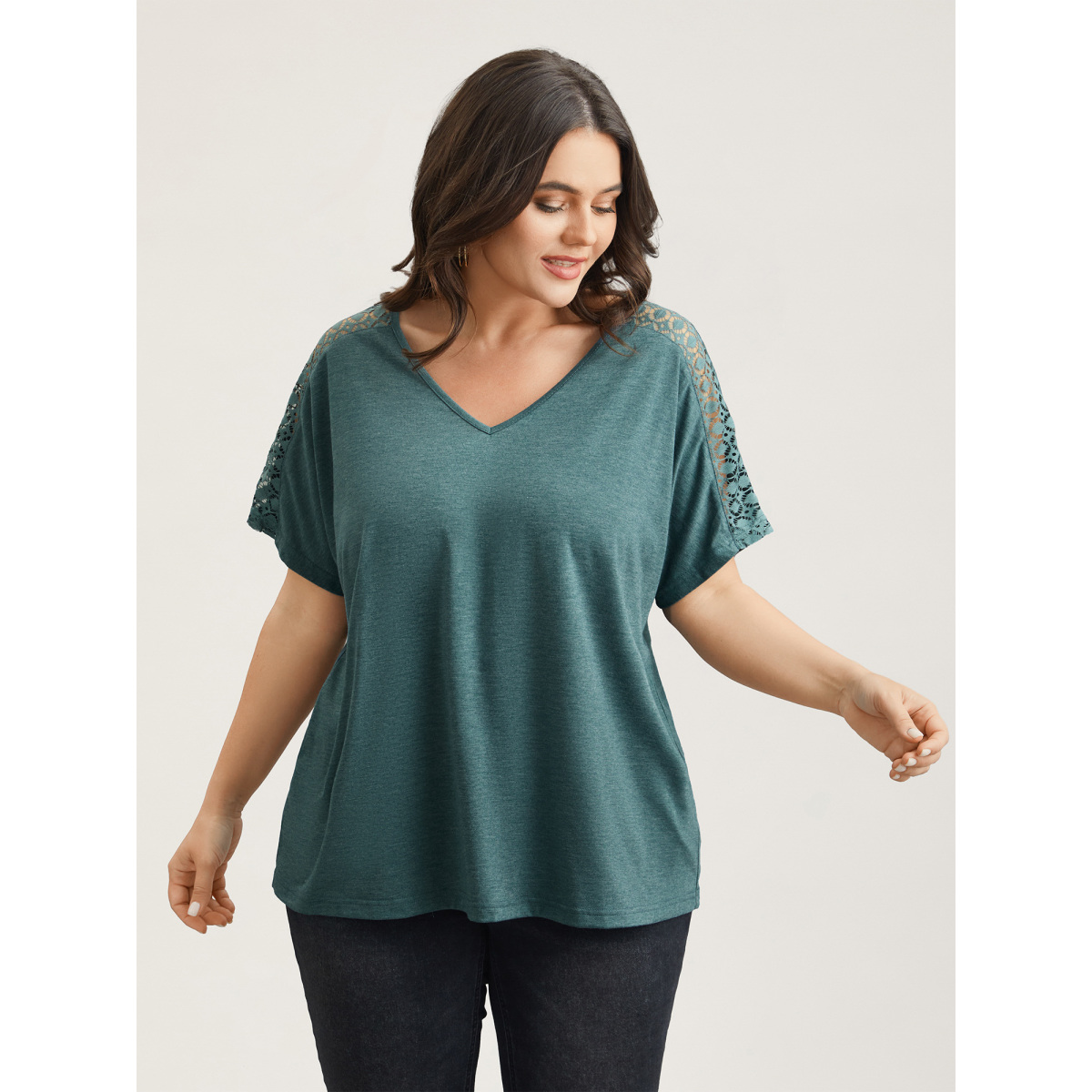 Plus Size Lace Sleeve V-Neck T-Shirt Cyan Women Casual See through V-neck Everyday T-shirts BloomChic
Plus Size Lace Sleeve V-Neck T-Shirt Cyan Women Casual See through V-neck Everyday T-shirts BloomChic