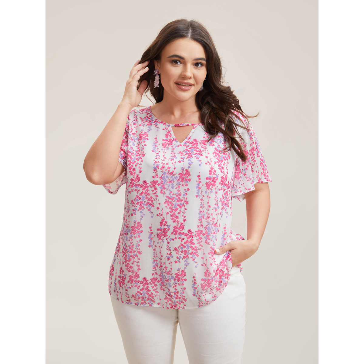Plus Size WhiteSmoke Floral Neck Cut-Out Flutter Sleeve Shirt Women Elegant Short sleeve Round Neck Everyday Blouses BloomChic
Plus Size WhiteSmoke Floral Neck Cut-Out Flutter Sleeve Shirt Women Elegant Short sleeve Round Neck Everyday Blouses BloomChic