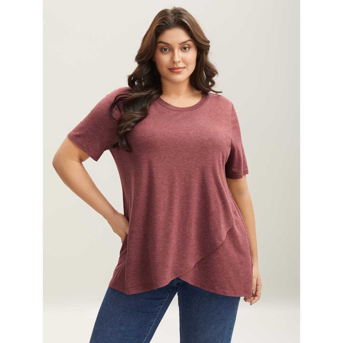 Plus Size Heather Stretchy Overlap Hem Plain T-Shirt Russet Women Overlapping Round Neck Everyday-Casual T-shirts BloomChic
Plus Size Heather Stretchy Overlap Hem Plain T-Shirt Russet Women Overlapping Round Neck Everyday-Casual T-shirts BloomChic