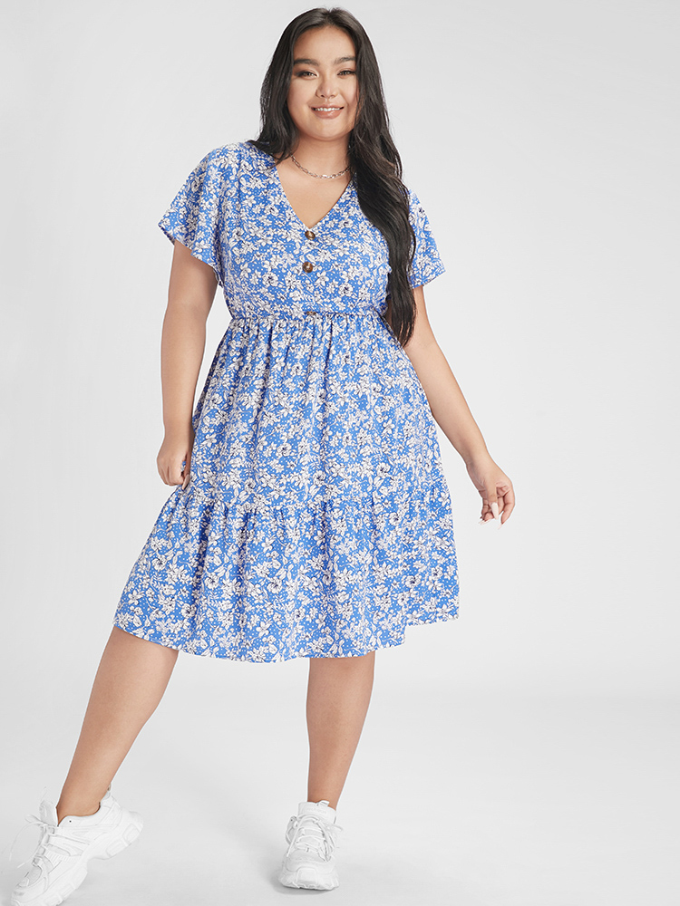 

Plus Size Bloom Dress - Ditsy Floral Ruffle Button Elastic Waist Dress Blue Women Curvy BloomChic