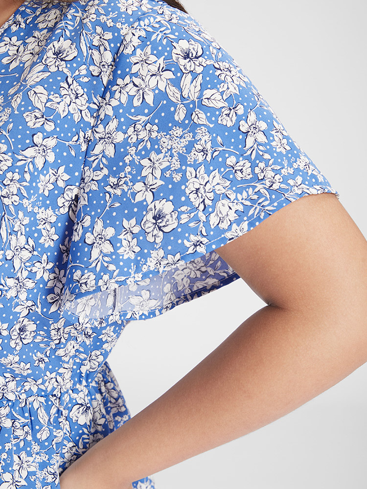 Plus Size Bloom Dress - Ditsy Floral Ruffle Button Elastic Waist Dress Blue Women Curvy BloomChic 12/L 