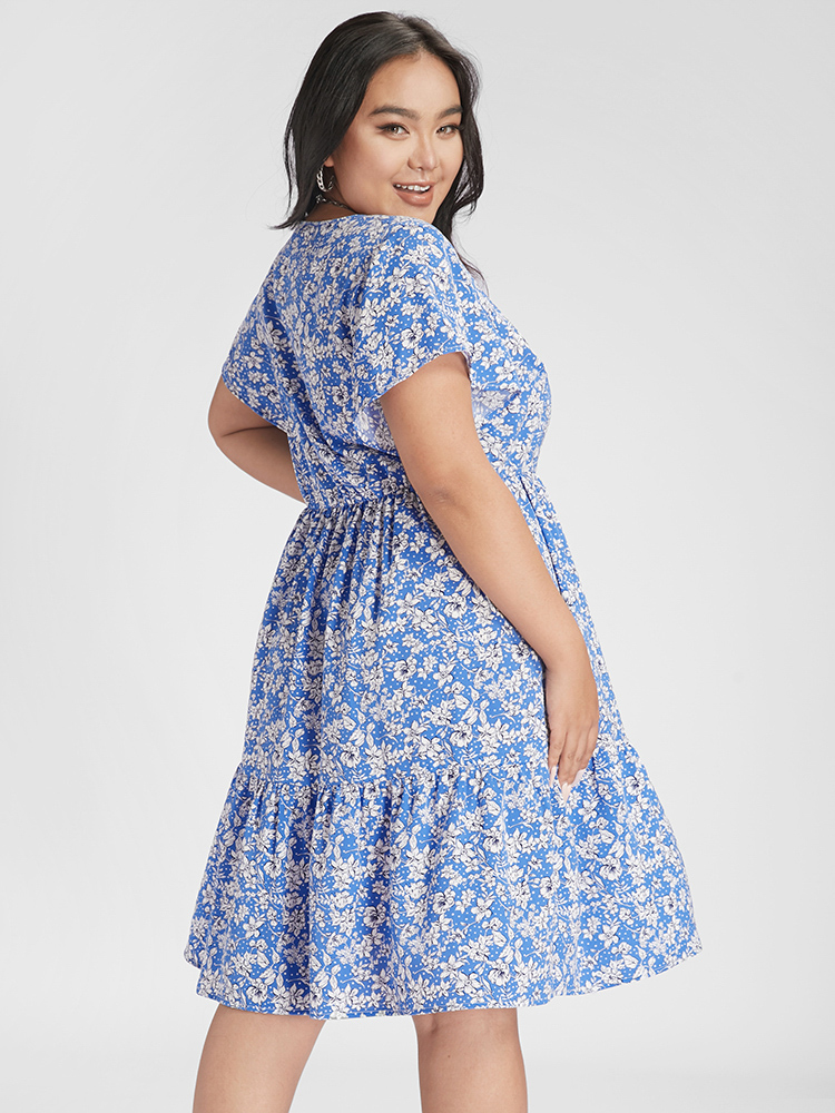 Plus Size Bloom Dress - Ditsy Floral Ruffle Button Elastic Waist Dress Blue Women Curvy BloomChic 12/L 