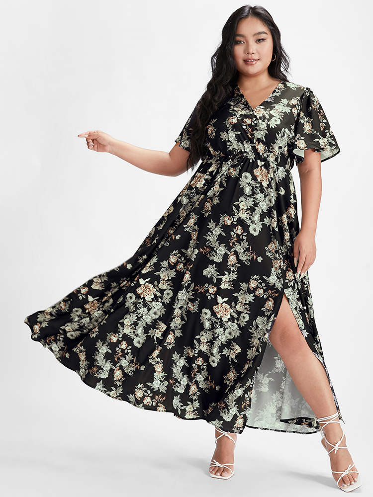 

Ditsy Floral Printed Vintage Plus Size Women Vacation Long Dress Ruffle Sleeve Half Sleeve V Neck Pocket Elegance Dresses BloomChic, Multicolor