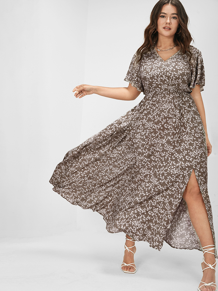 

Ditsy Floral Printed Vintage Plus Size Women Vacation Long Dress Ruffle Sleeve Half Sleeve V Neck Pocket Elegance Dresses BloomChic, Tan