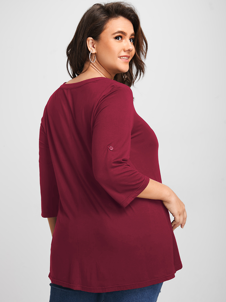 

Plus Size Black Pocket Half Zipper T-shirt Burgundy Women Elegant Plain Plain V-neck Dailywear T-shirts BloomChic