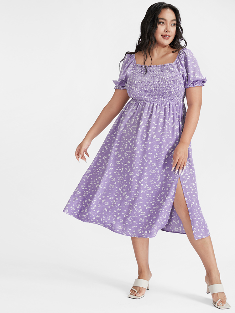 

Plus Size Ditsy Floral Square Neck Split Dress Plum Women Elegant Slit Square Neck Short sleeve Curvy Knee Dress BloomChic