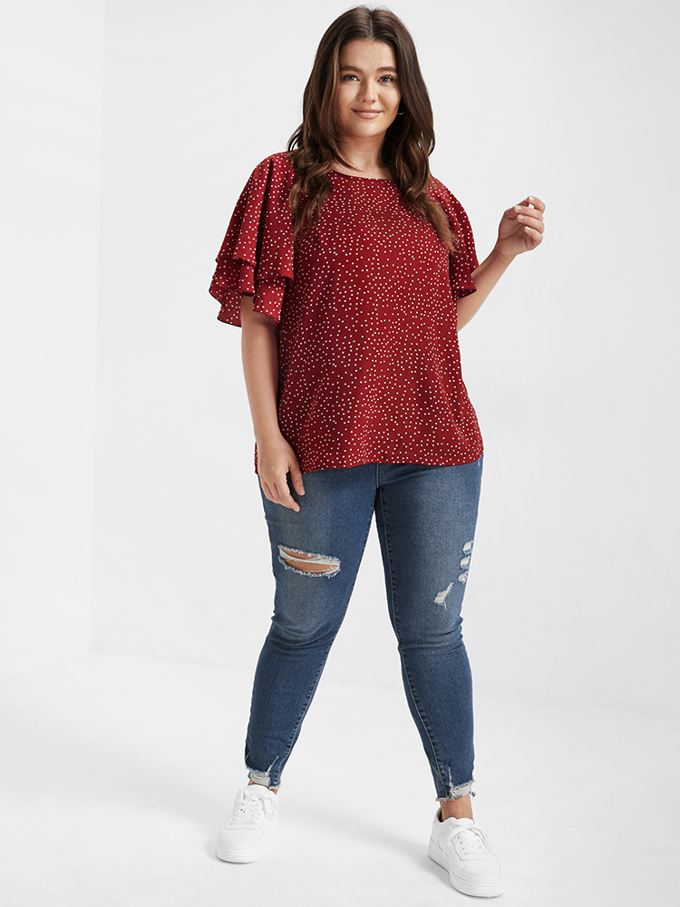 Plus Size Multicolor Polka Dot Ruffle Tiered Sleeve Blouse Women Elegant Short sleeve Round Neck Dailywear Blouses BloomChic 22/3X 