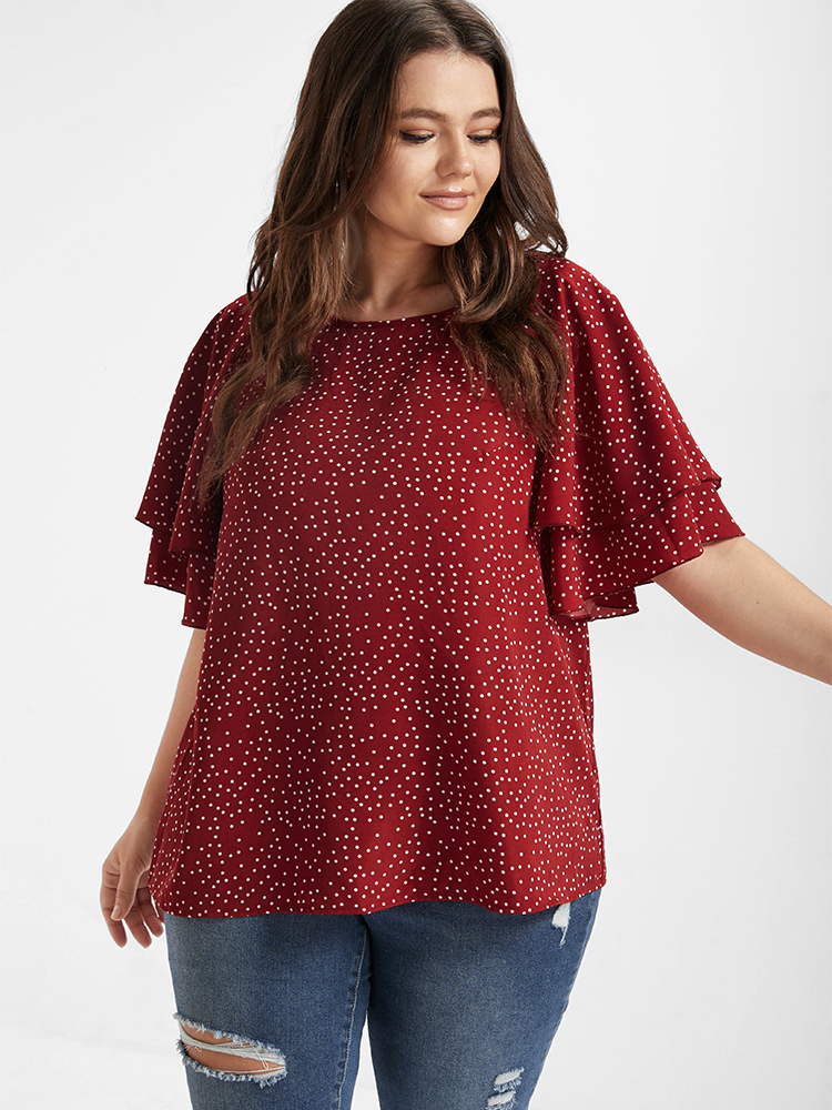 

Plus Size Multicolor Polka Dot Ruffle Tiered Sleeve Blouse Women Elegant Short sleeve Round Neck Dailywear Blouses BloomChic