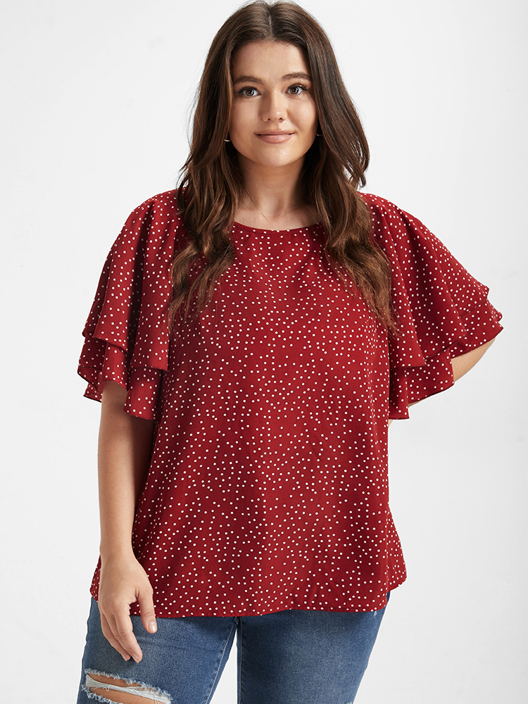Plus Size Multicolor Polka Dot Ruffle Tiered Sleeve Blouse Women Elegant Short sleeve Round Neck Dailywear Blouses BloomChic 22/3X 