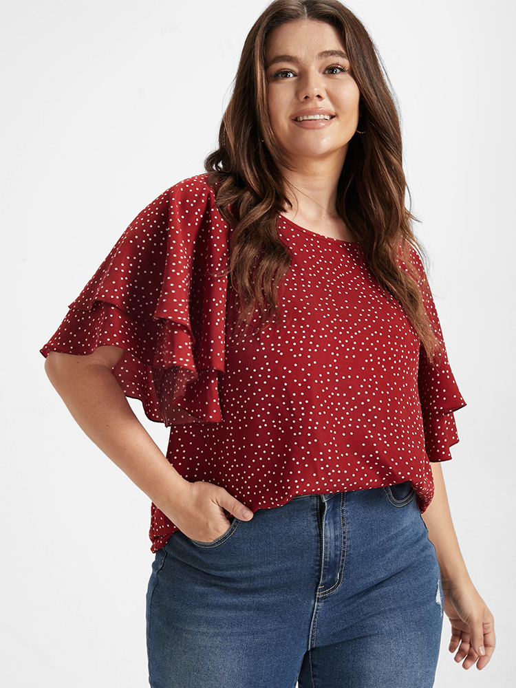 Plus Size Multicolor Polka Dot Ruffle Tiered Sleeve Blouse Women Elegant Short sleeve Round Neck Dailywear Blouses BloomChic 22/3X 