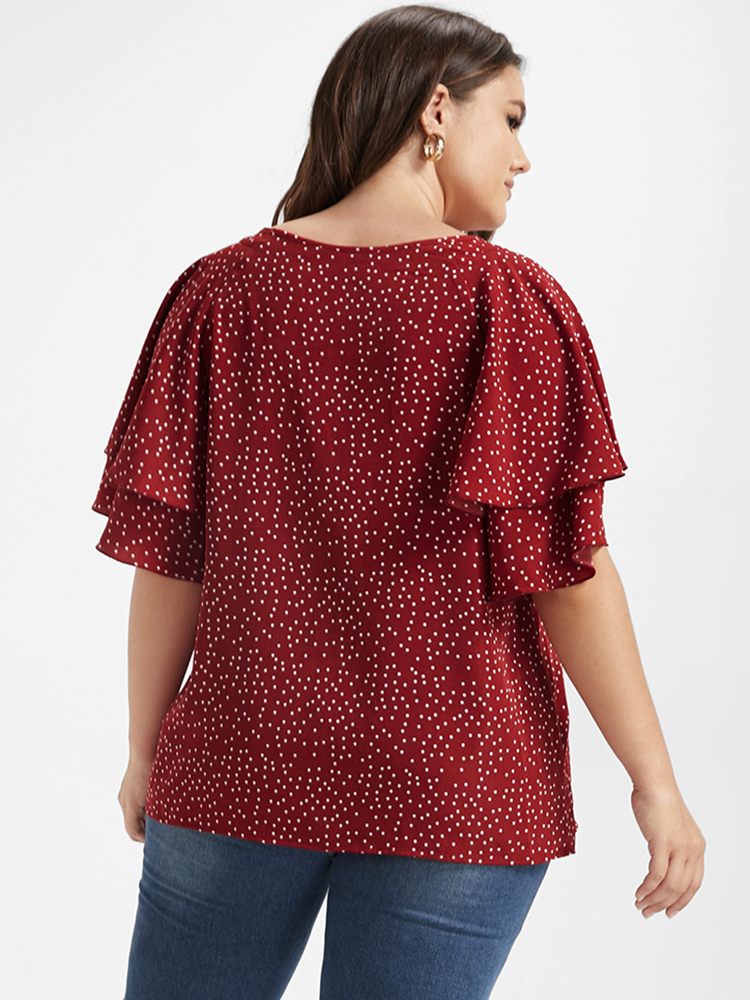 Plus Size Multicolor Polka Dot Ruffle Tiered Sleeve Blouse Women Elegant Short sleeve Round Neck Dailywear Blouses BloomChic 22/3X 