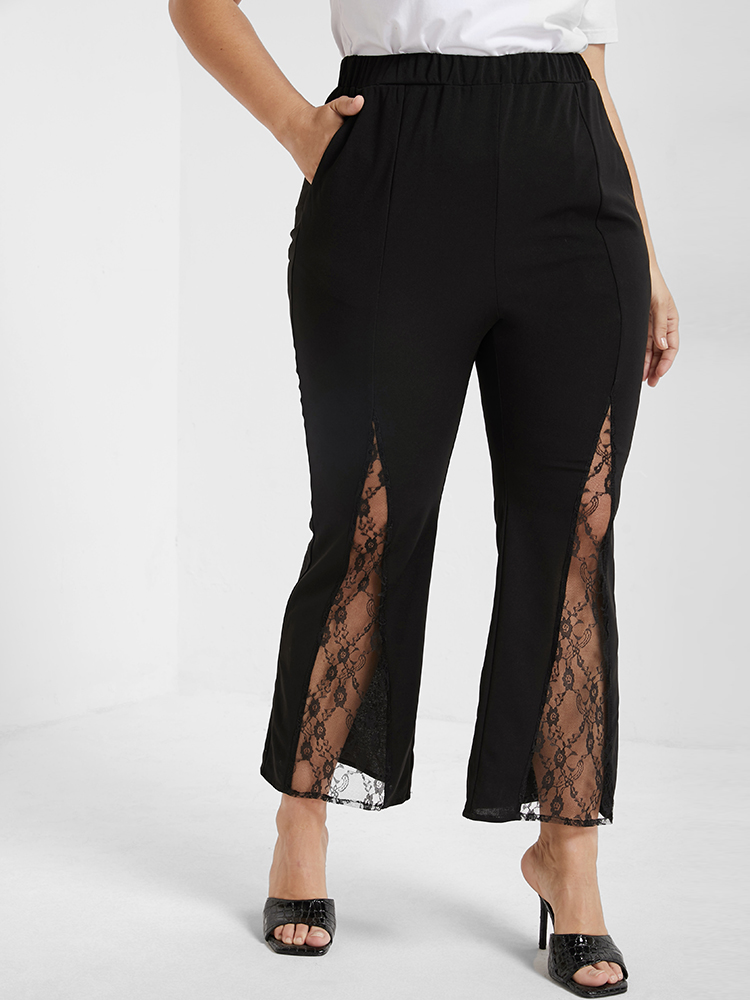 

Plus Size Solid Pocket Contrast Lace Panel Pants Women Black Glamour High Rise Going out Pants BloomChic