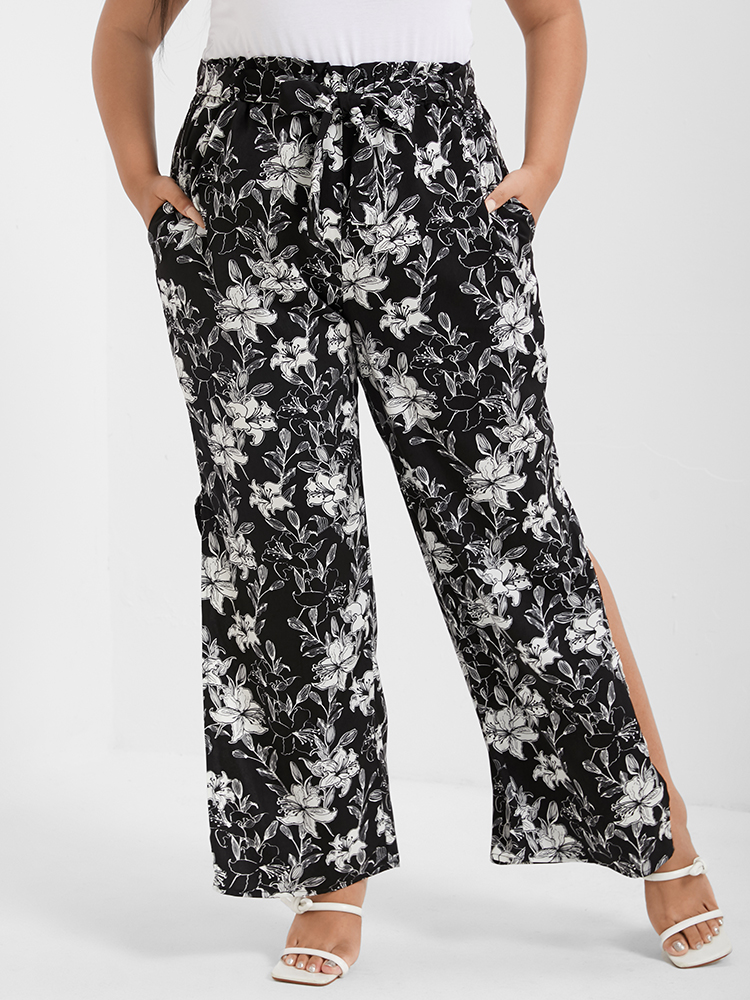 

Plus Size Floral Print Pocket Split Straight Pants Women Black Elegant Wide Leg High Rise Dailywear Pants BloomChic