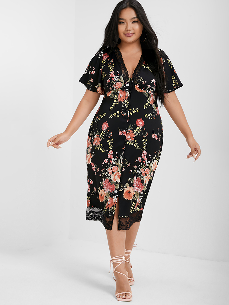

Plus Size Floral V Neck Lace Button Bodycon Dress Black Women Elegant Printed V-neck Short sleeve Curvy Midi Dress BloomChic