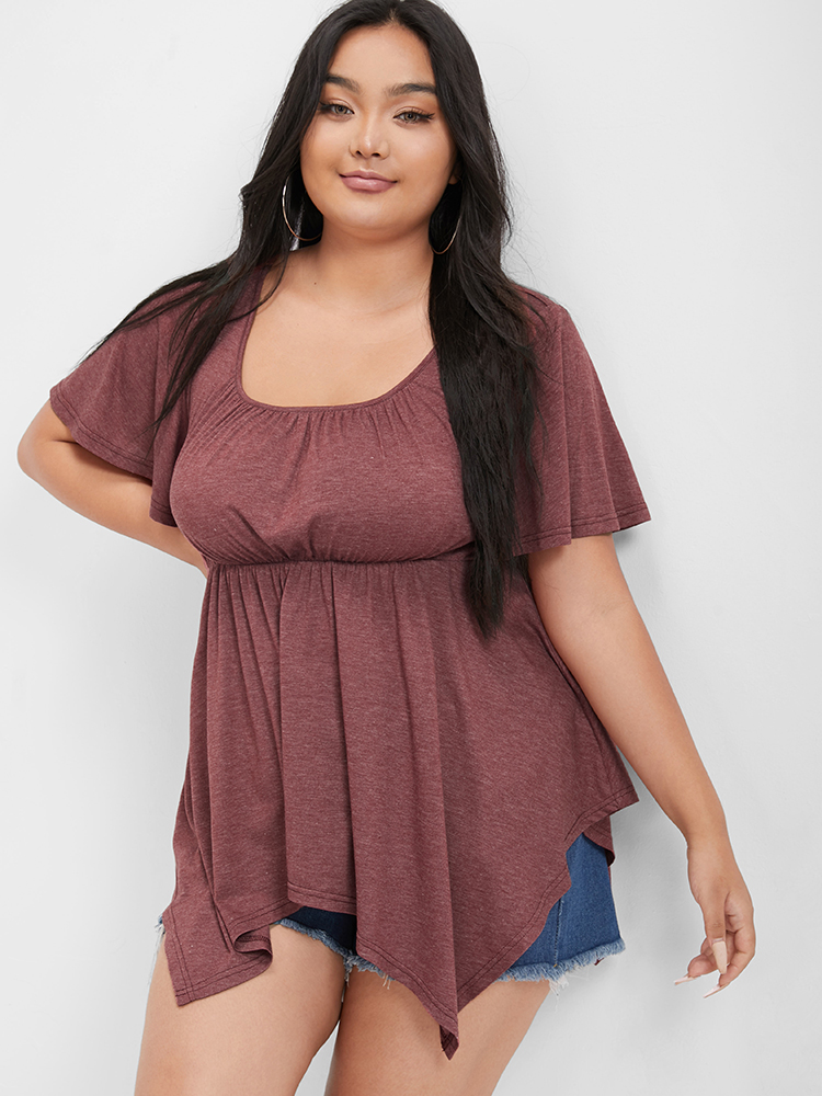 

Plus Size Solid Scoop Neck Hanky Hem T-shirt Burgundy Women Elegant Gathered Plain Square Neck Dailywear T-shirts BloomChic