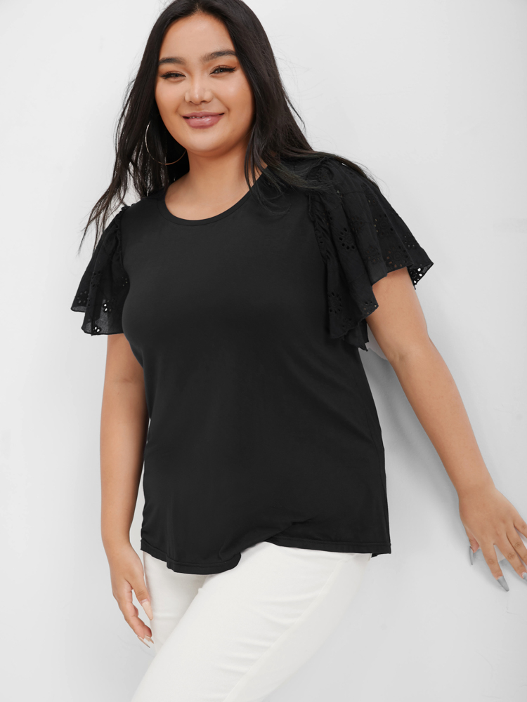 

Plus Size Plain Tiered Sleeve Eyelet T-shirt Black Round Neck Short sleeve Casual Jersey Tops