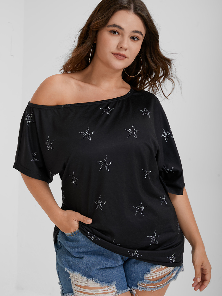 

Plus Size One Shoulder Star Pattern T-shirt Black Short sleeve Casual Jersey Tops