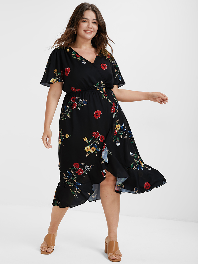 

Plus Size Floral Ruffles Knot Wrap Midi Dress Black Women Elegant Ruffles V-neck Short sleeve Curvy Midi Dress BloomChic