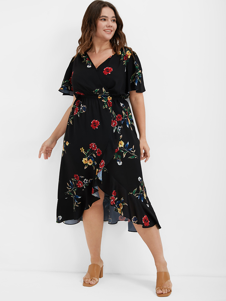 

Plus Size Floral Ruffles Knot Wrap Midi Dress Black Women Elegant Ruffles V-neck Short sleeve Curvy Midi Dress BloomChic