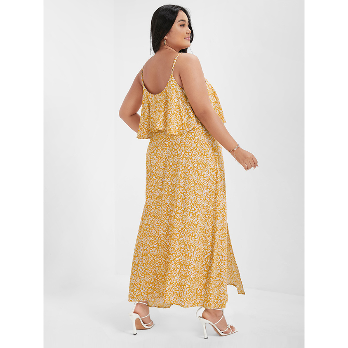 

Plus Size Ditsy Floral Ruffle Cami Split Dress Yellow Women Printed Spaghetti Strap Sleeveless Curvy Long Dress BloomChic