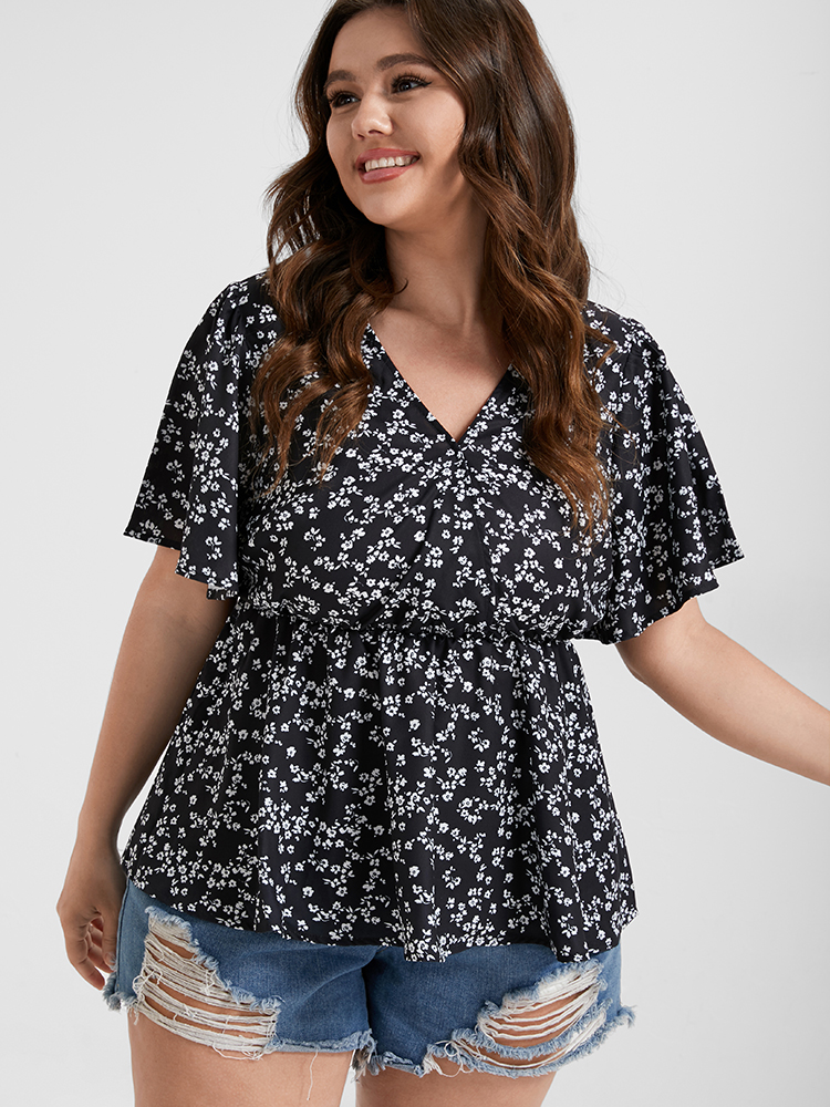 

Plus Size Black Floral Flutter Sleeve Elastic Waist Blouse Women Elegant Short sleeve V-neck Dailywear Blouses BloomChic