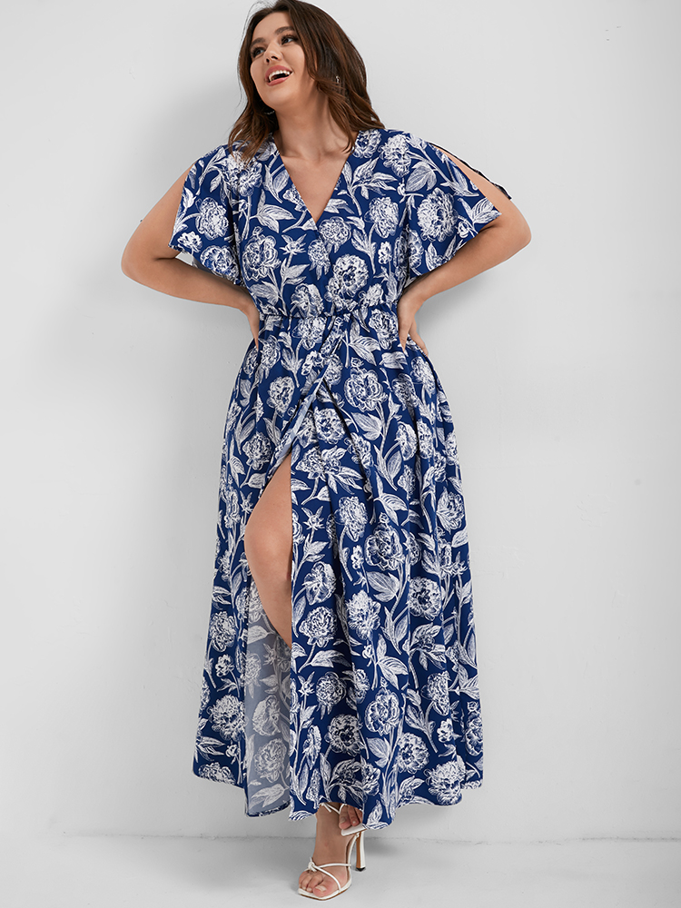 

Plus Size Floral Flutter Split Sleeve Wrap Maxi Dress DarkBlue Women Vacation Slit V-neck Short sleeve Curvy Long Dress BloomChic