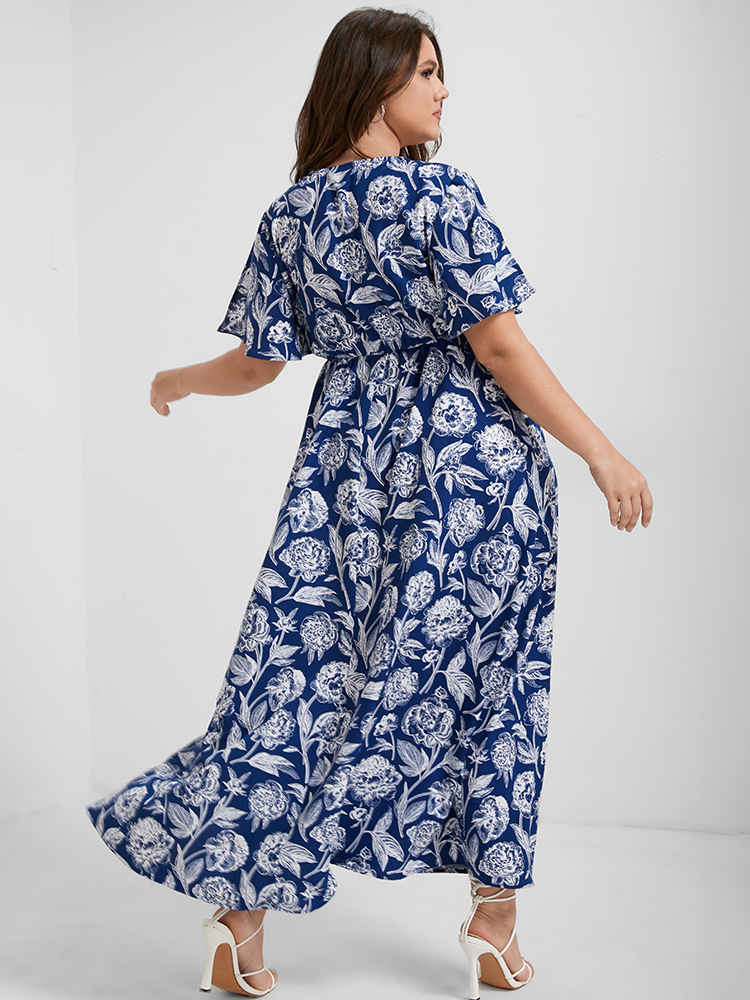 

Plus Size Floral Flutter Split Sleeve Wrap Maxi Dress DarkBlue Women Vacation Slit V-neck Short sleeve Curvy Long Dress BloomChic