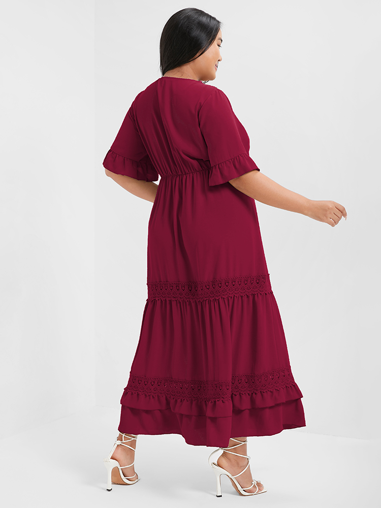 

Plus Size V Neck Ruffles Tiered Eyelet Lace Maxi Dress Maroon Women Elegant Gathered Deep V-neck Short sleeve Curvy Long Dress BloomChic