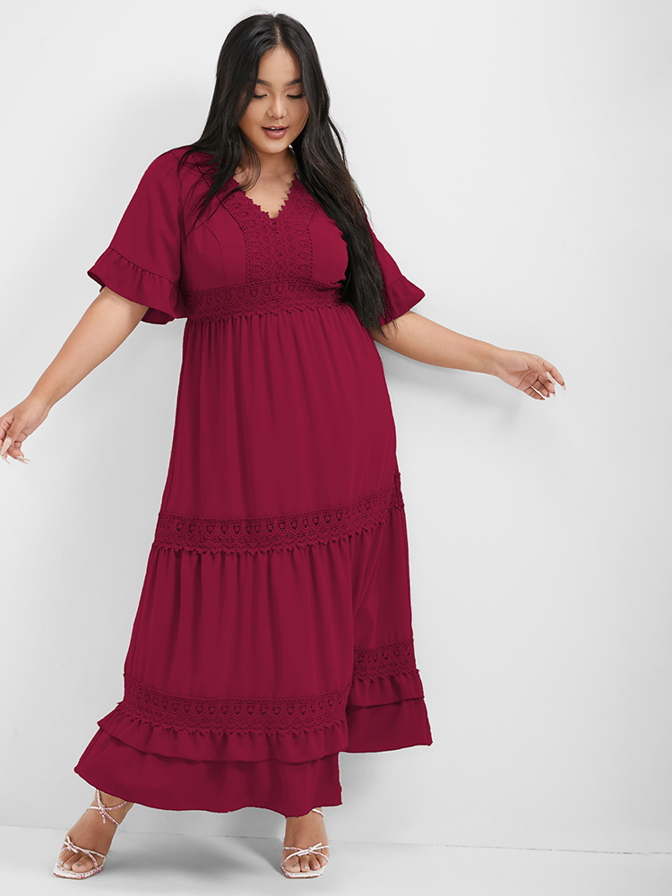 

Plus Size V Neck Ruffles Tiered Eyelet Lace Maxi Dress Maroon Women Elegant Gathered Deep V-neck Short sleeve Curvy Long Dress BloomChic