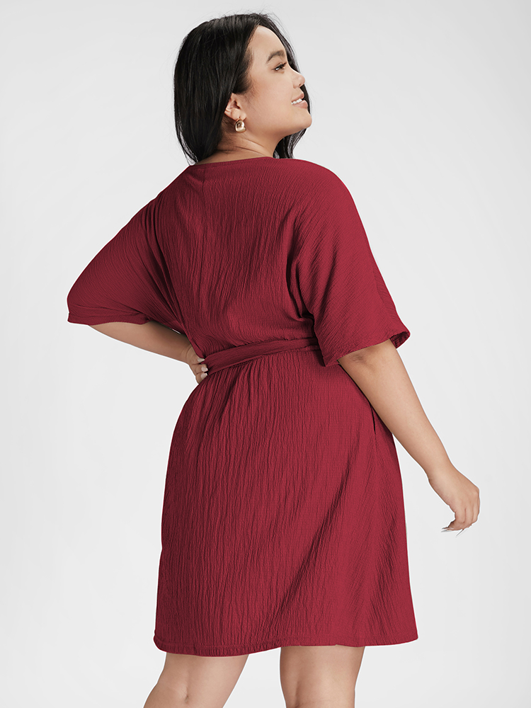 

Plus Size Floral Embroidered Pocket Belted Short Dress Burgundy Women Elegant Belted V-neck Half Sleeve Curvy Short Dress BloomChic