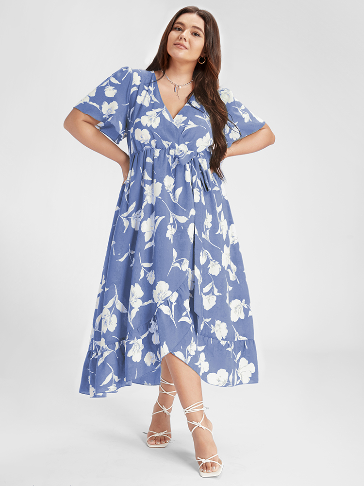 

Plus Size Floral Ruffle Knot Side Wrap Dress LightBlue Women Elegant Ruffles V-neck Short sleeve Curvy Midi Dress BloomChic