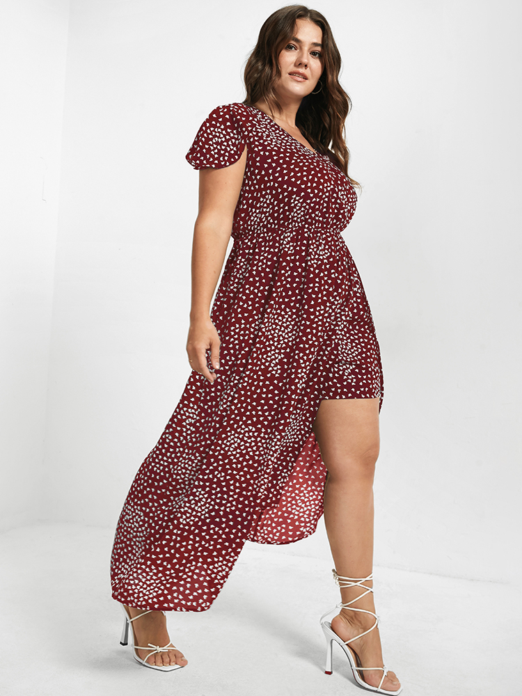 

Plus Size V Neck Butterfly Pattern Split Dress Maroon Women Elegant Gathered V-neck Cap Sleeve Curvy Midi Dress BloomChic