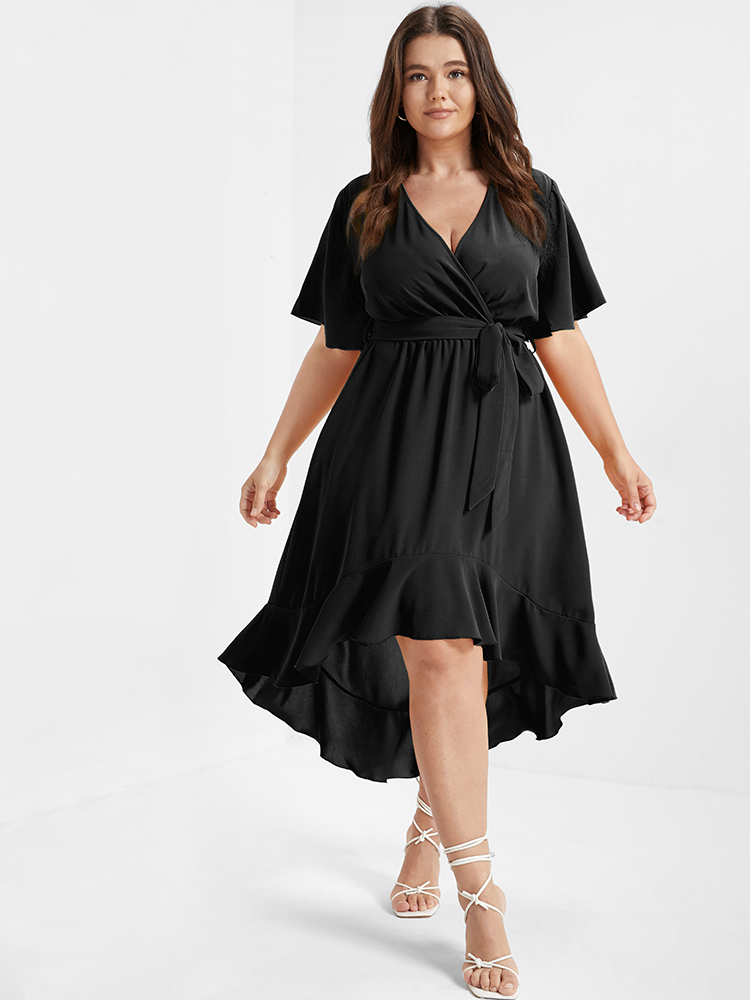 Plus Size Bloom Dress - Solid Tie Surplice Ruffle High Low Dress Plum Women Elegant Cross Straps V-neck Short Sleeve Curvy Midi Dress BloomChic 22-24/