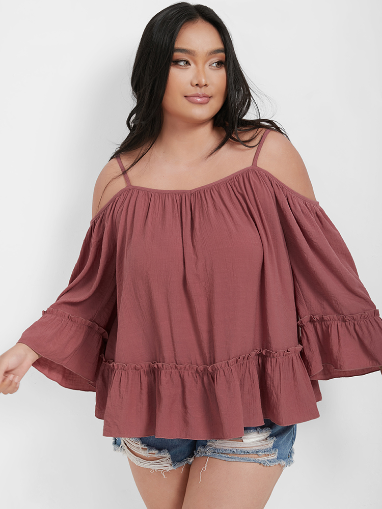 

Plus Size Red Plain Ruffles Cold Shoulder Frill Trim Blouse Women Elegant Long Sleeve V-neck Dailywear Blouses BloomChic