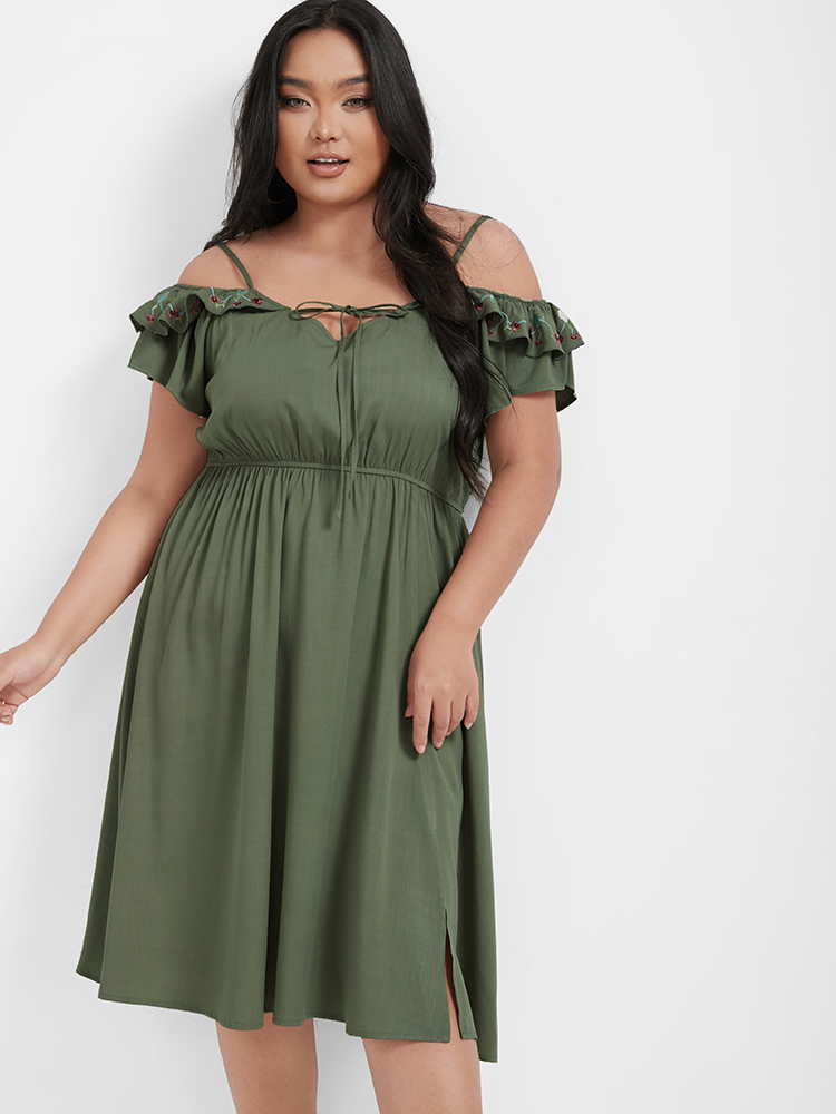 

Plus Size Plain Ruffled Embroidered Spaghetti Strap Dress ArmyGreen Women Gathered Spaghetti Strap Short sleeve Curvy Knee Dress BloomChic